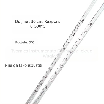 Visokotemperaturni živin termometar, za kemijski laboratorij, staklena šipka, 30 cm, 0–500 °C