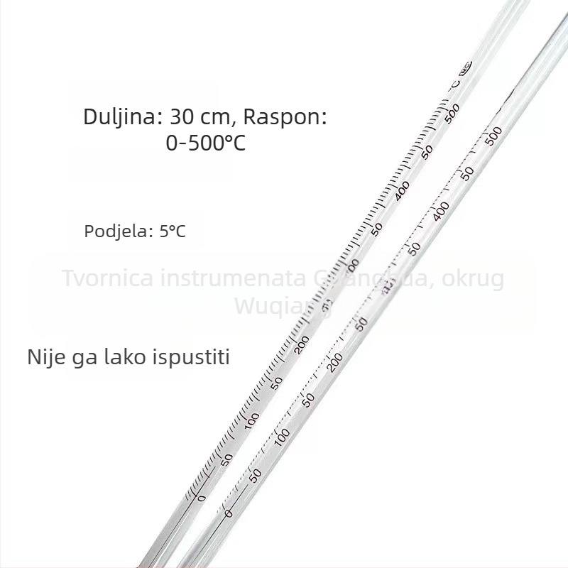 Visokotemperaturni živin termometar, za kemijski laboratorij, staklena šipka, 30 cm, 0–500 °C