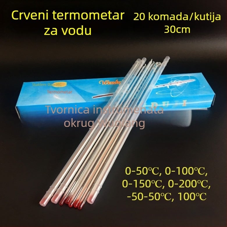 Stakleni termometar s crvenom tekućinom, alkoholni termometar, raspon -30 do 100°C, duljina 30 cm