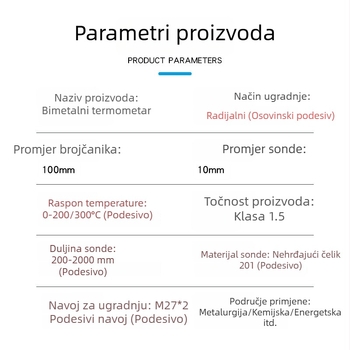 WSS411 bimatalni termometar s produženom sondom za industrijske cijevi, radijalno i aksijalno mjerenje temperature vode u kotlu 0–200 °C
