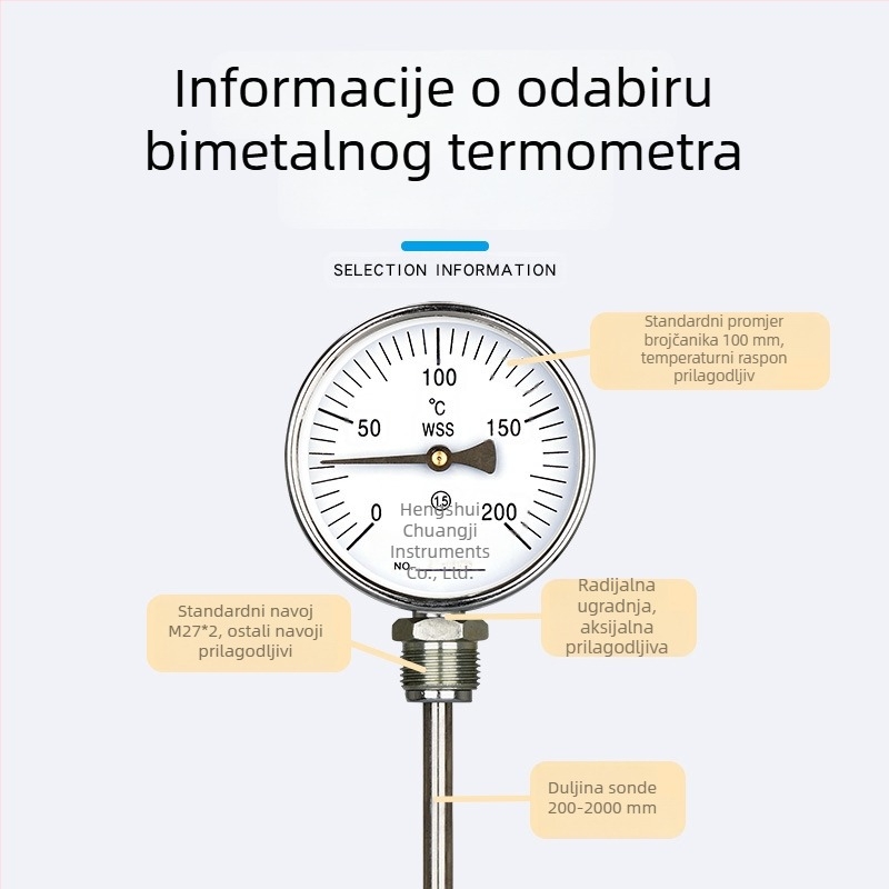 WSS411 bimatalni termometar s produženom sondom za industrijske cijevi, radijalno i aksijalno mjerenje temperature vode u kotlu 0–200 °C