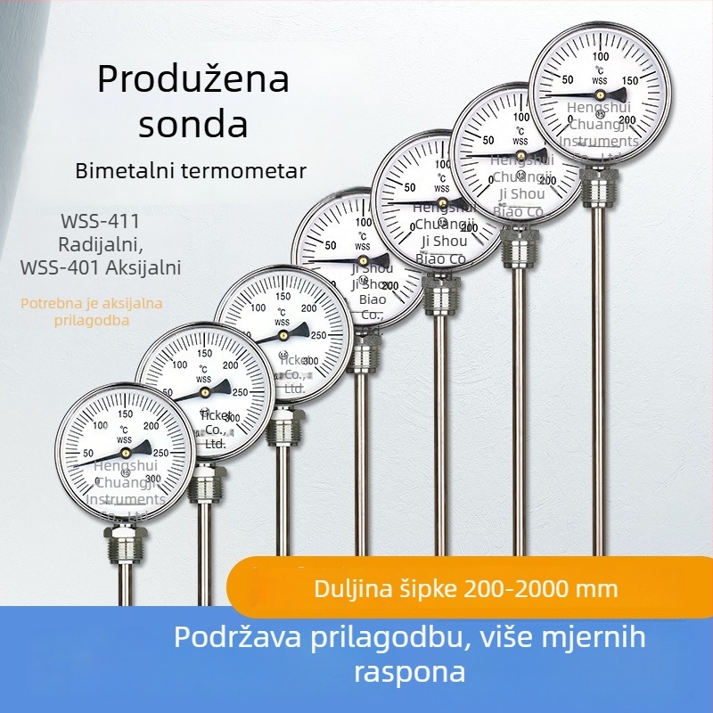 WSS411 bimatalni termometar s produženom sondom za industrijske cijevi, radijalno i aksijalno mjerenje temperature vode u kotlu 0–200 °C
