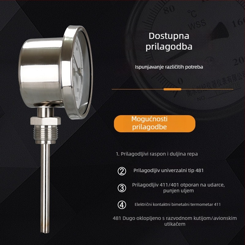 WSS-411BF/401 Bi-metalski termometar od nehrđajućeg čelika, za industrijske cjevovode i kotlove, radijalni i aksijalni pokazivač, raspon 0-500°C