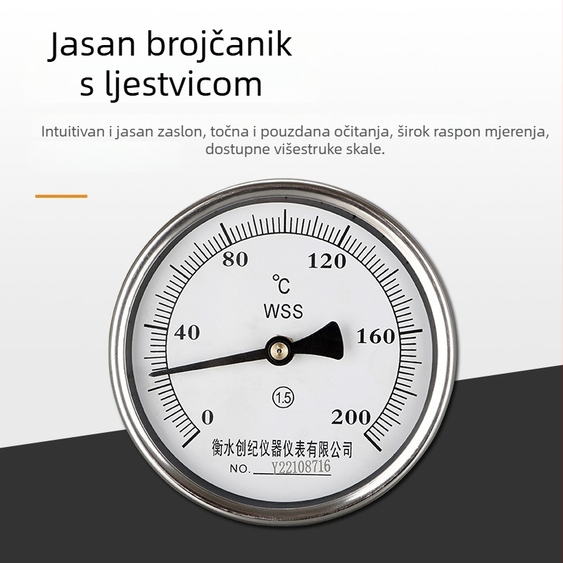 WSS-411BF/401 Bi-metalski termometar od nehrđajućeg čelika, za industrijske cjevovode i kotlove, radijalni i aksijalni pokazivač, raspon 0-500°C