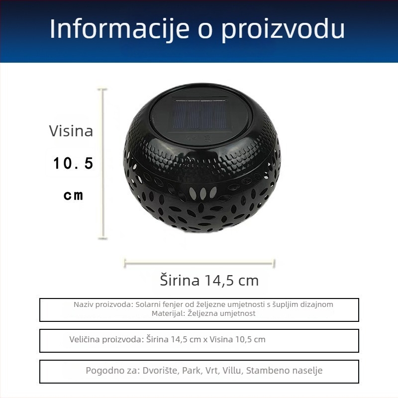 Solarna vrtna lampa od kovanog željeza s prorezanim dizajnom, osvjetljenje travnjaka i krajolika, europski stil, solarni panel sa senzorom svjetla