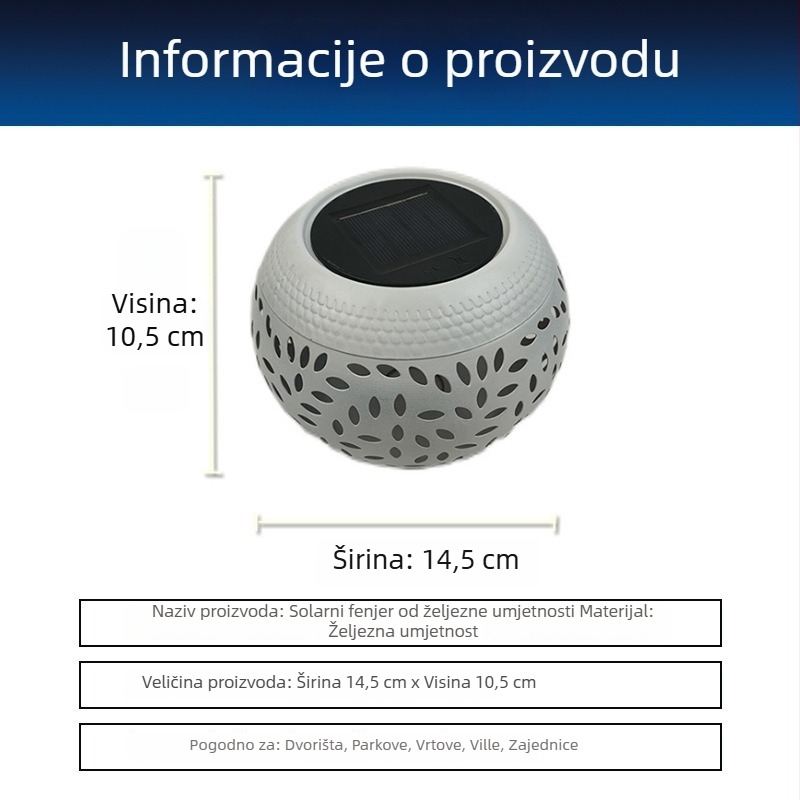 Solarna vrtna lampa od kovanog željeza s prorezanim dizajnom, osvjetljenje travnjaka i krajolika, europski stil, solarni panel sa senzorom svjetla