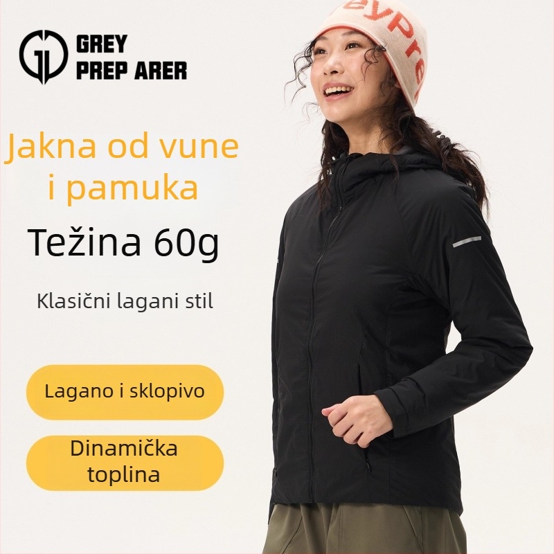 Ženska Gray Shell jakna s kapuljačom od merino vune, podstavljena, topla, vjetroodporna, lagana za outdoor planinarenje u jesen i zimu