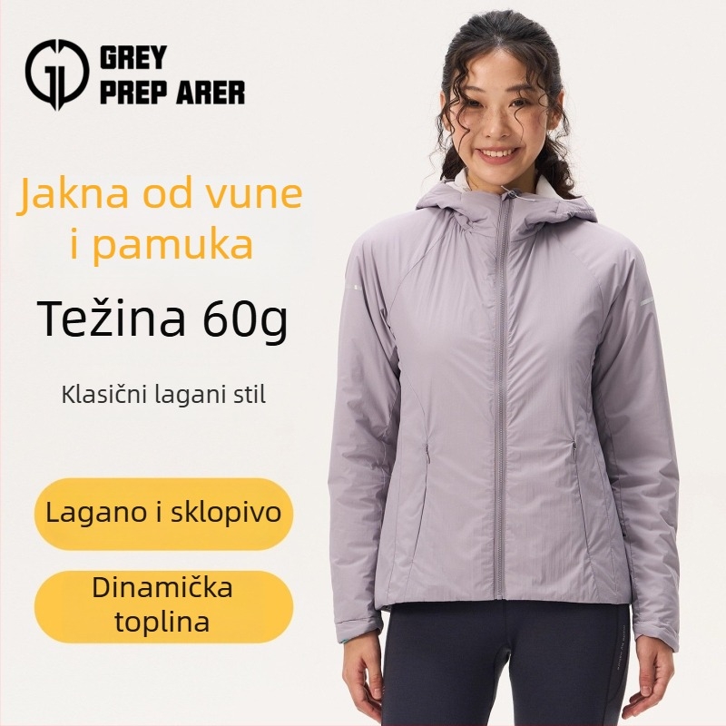 Ženska Gray Shell jakna s kapuljačom od merino vune, podstavljena, topla, vjetroodporna, lagana za outdoor planinarenje u jesen i zimu