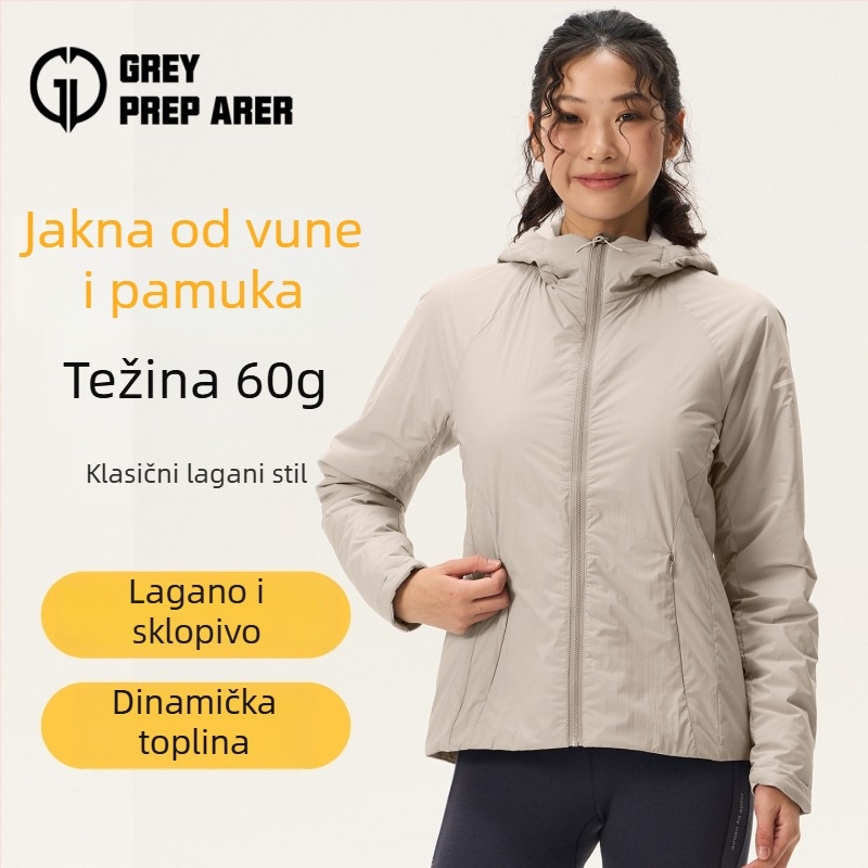 Ženska Gray Shell jakna s kapuljačom od merino vune, podstavljena, topla, vjetroodporna, lagana za outdoor planinarenje u jesen i zimu