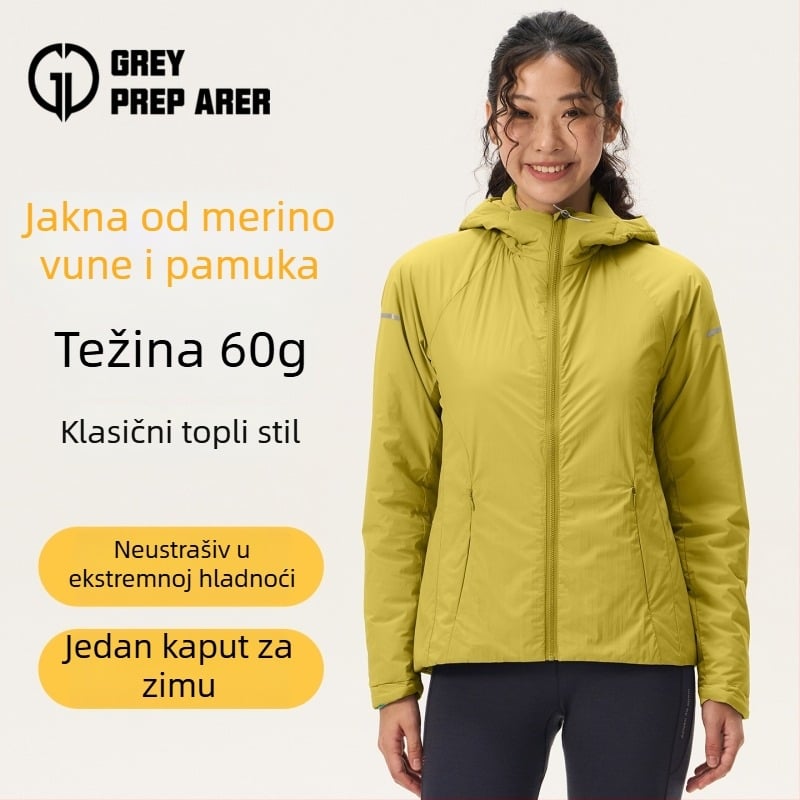 Ženska Gray Shell jakna s kapuljačom od merino vune, podstavljena, topla, vjetroodporna, lagana za outdoor planinarenje u jesen i zimu