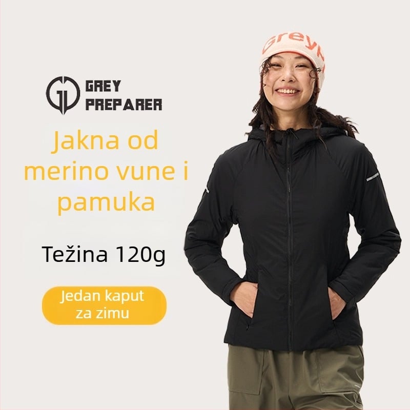 Ženska Gray Shell jakna s kapuljačom od merino vune, podstavljena, topla, vjetroodporna, lagana za outdoor planinarenje u jesen i zimu