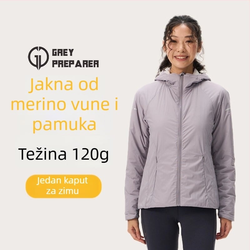 Ženska Gray Shell jakna s kapuljačom od merino vune, podstavljena, topla, vjetroodporna, lagana za outdoor planinarenje u jesen i zimu