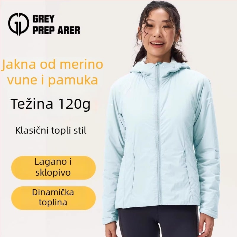 Ženska Gray Shell jakna s kapuljačom od merino vune, podstavljena, topla, vjetroodporna, lagana za outdoor planinarenje u jesen i zimu