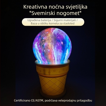 Kreativna noćna svjetiljka s motivom svemirskog nogometa, baza u obliku sladoleda, nježno ambijentalno osvjetljenje za spavaću sobu