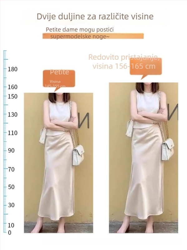 Mini suknja s ribljim repom od ledenog svilenog satena, ljeto, visoki struk, vitka linija A-kroj, nježan stil