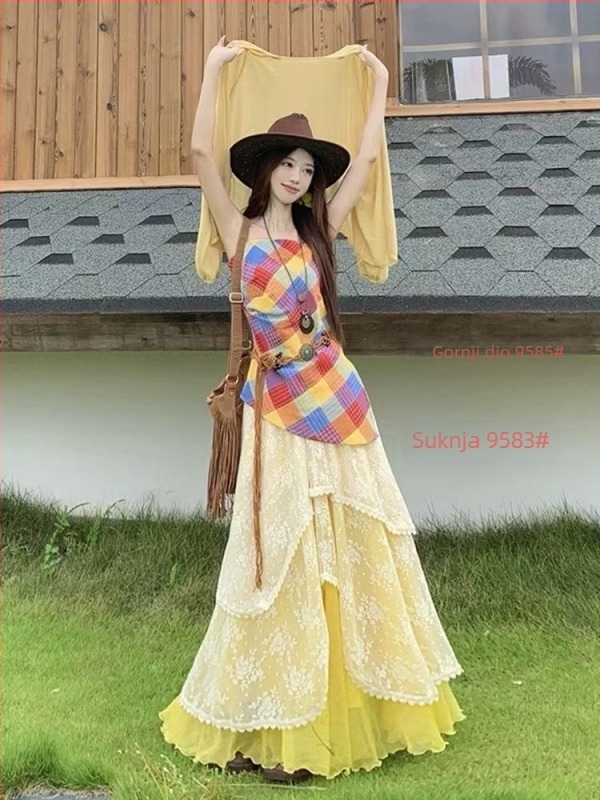 Francuski inspiriran Resort stil set suknje s trakama, karirani patchwork čipka, neravnomjerni rub.
