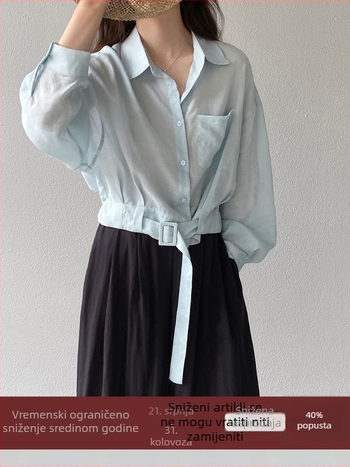 Jiangzuo ženska bluza od lanene-ramie-Tencel mješavine, francuski stil, casual vrh u stilu kardigama, jednobojna, 3/4 rukav, patchwork