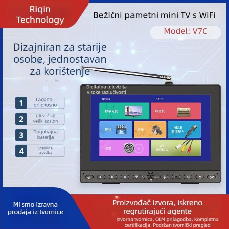 7-inčni DTMB prijenosni TV za starije s Wi‑Fi i zrcaljenjem zaslona – prilagodljivo