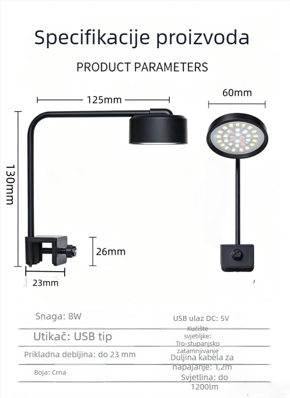LED kvadratno svjetlo za akvarij – potpuno spektralno osvjetljenje za vodene biljke, ukrasno osvjetljenje akvarija, USB lampa protiv algi
