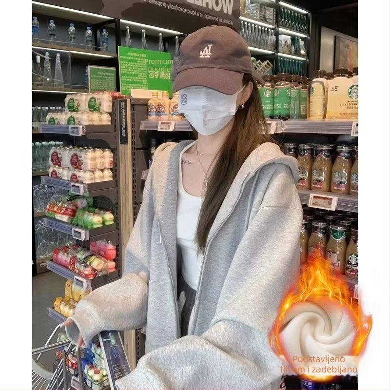 Ženski oversize kaput s fleece-podstavom i kapuljom, debeli za jesen i zimu