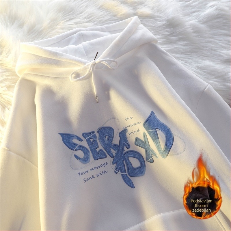 Crna oversize hoodie s kapuljom i flis podstavom, debela i topla, za žene, jesen-zima, širok kroj, svestran