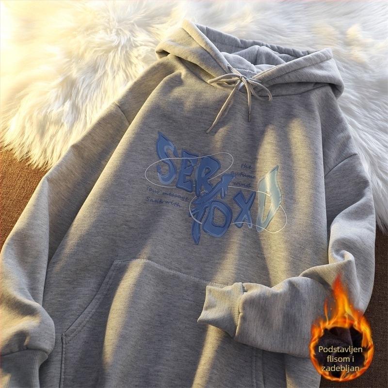 Crna oversize hoodie s kapuljom i flis podstavom, debela i topla, za žene, jesen-zima, širok kroj, svestran