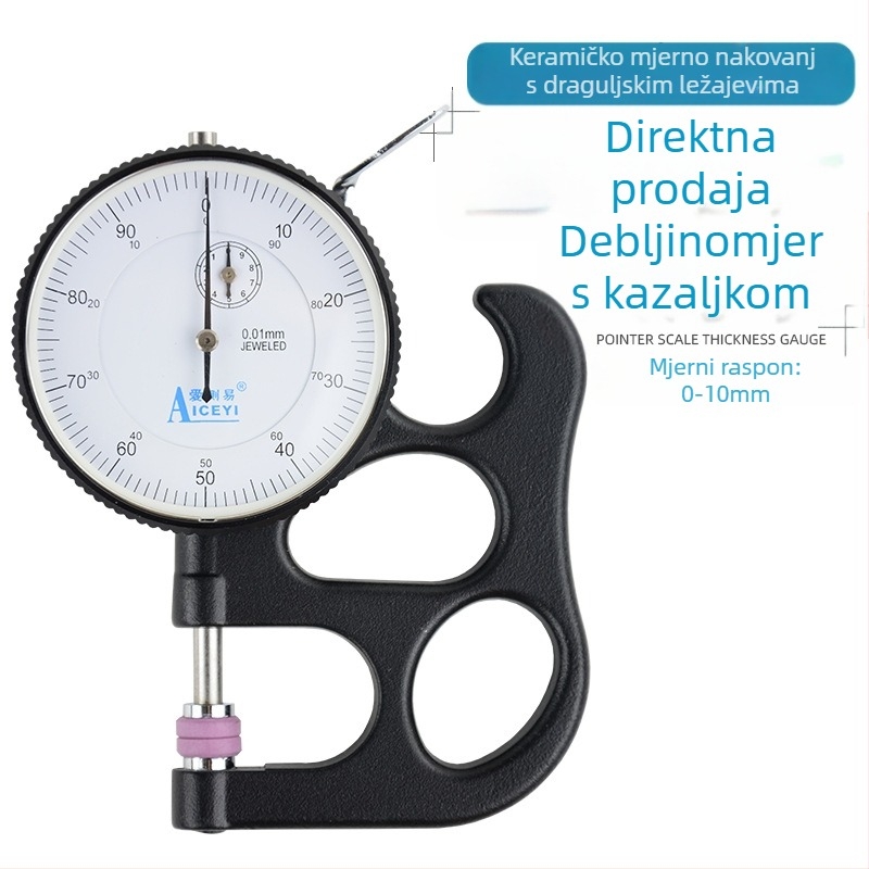 Ručni mjerni alat za debljinu s kazaljkom, za papir i film, visoka preciznost, raspon 0–0,10 mm, razlučivost 0,01 mm