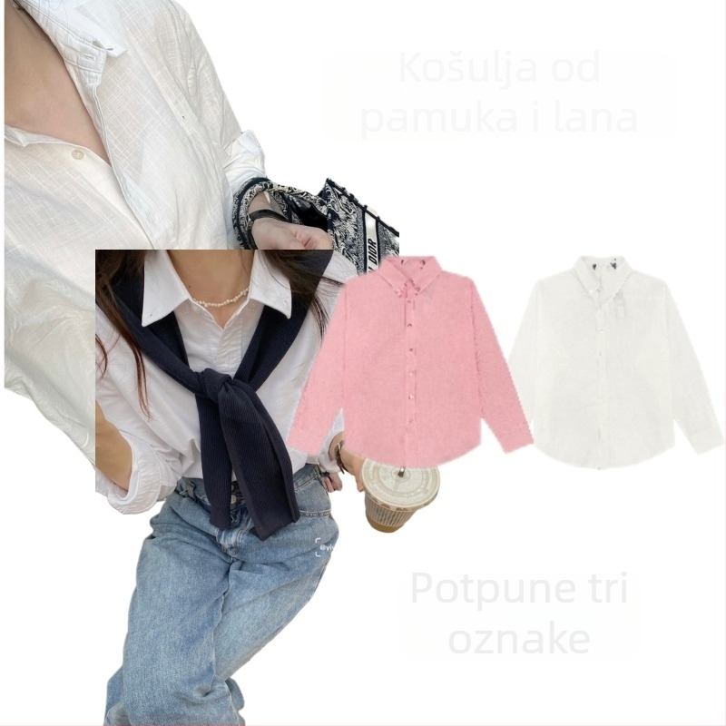 Bordirana pamučno-lnen košulja s polo ovratnikom, kardigan stil, korejski preppy stil za djevojke