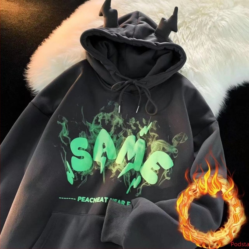 Američki retro hip-hop hoodie s kapuljačom, širokog kroja, fleec podstava, motiv malog đavla, za jesen/zimu