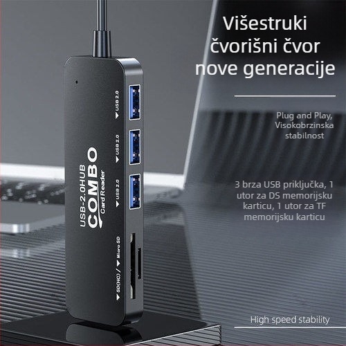 USB 2.0 hub, 5-u-1, čitač kartica, Type-C docking stanica, mikro multiport extender