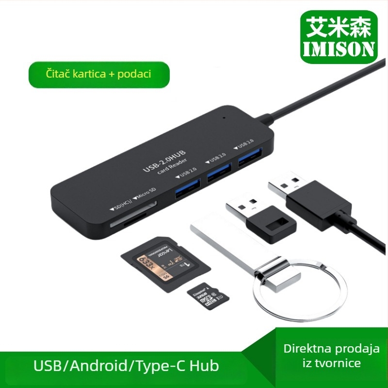 USB 2.0 hub, 5-u-1, čitač kartica, Type-C docking stanica, mikro multiport extender