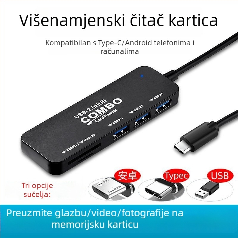 USB 2.0 hub, 5-u-1, čitač kartica, Type-C docking stanica, mikro multiport extender