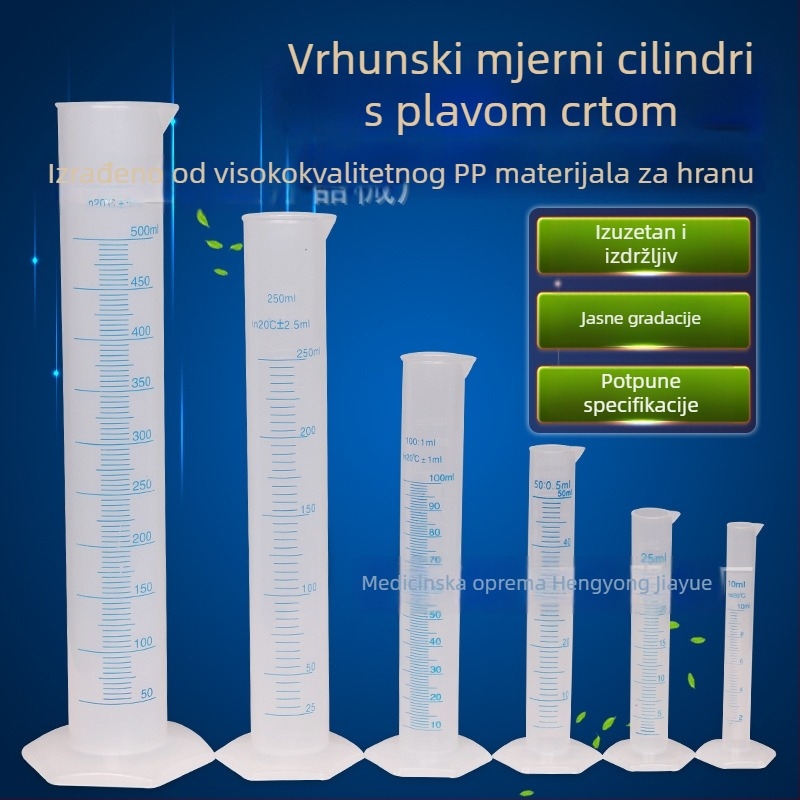 Plastični graduirani cilindar s plavom linijom, skala, 10–1000 ml