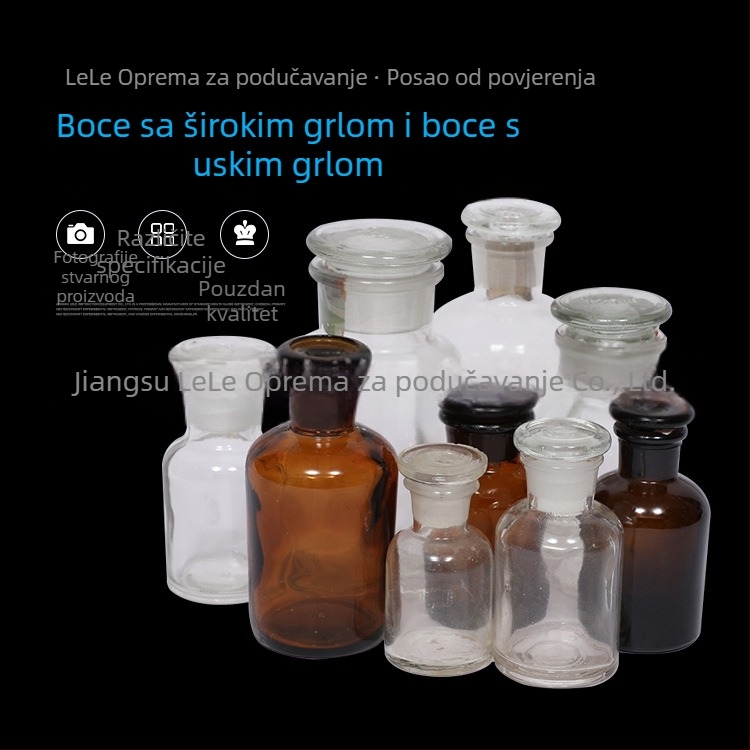Staklena boca s uskim grlom, prozirna, bijeli i smeđi poklopac, zapremine 60 ml, 125 ml, 250 ml, 500 ml, 1000 ml
