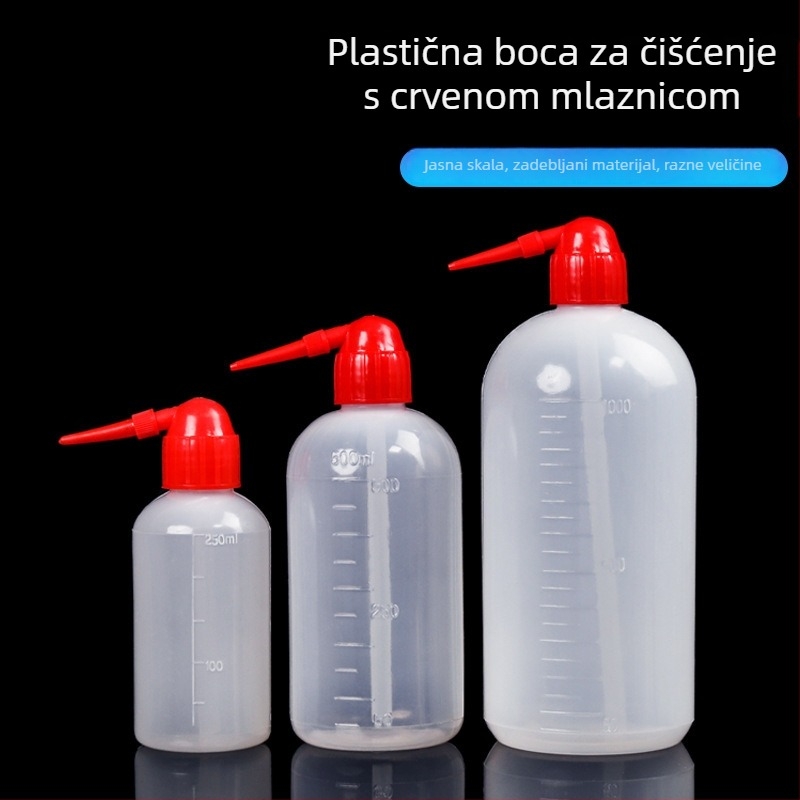 Prilagodljiva plastična boca za pranje u laboratoriju s crvenim poklopcem, 250 ml i 1000 ml, zakrivljenim otvorom i oštrim vrhom, PE