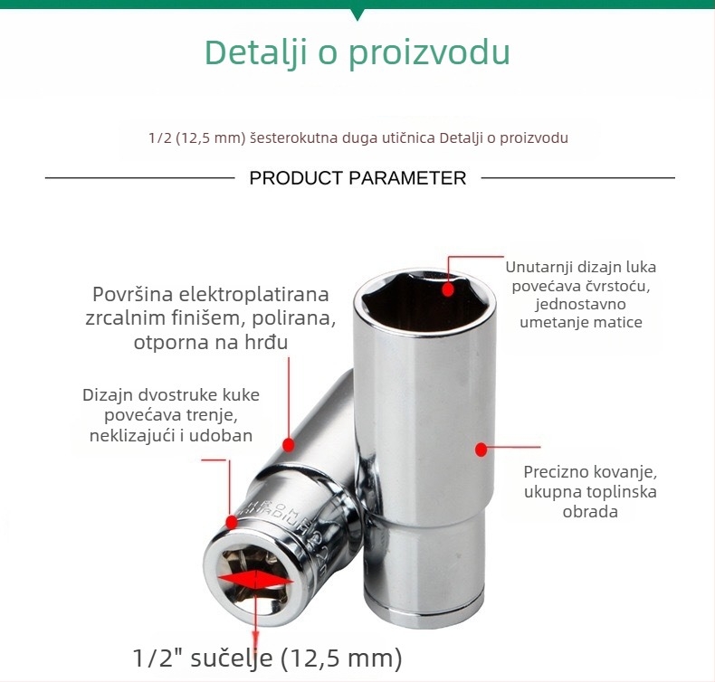 Set produženih utičnica od 1/2 inča, krom-vanadij čelik, šesterokutne glave za električni odvijač