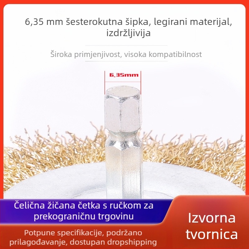 Peroom tip šestougaona četka od čelične žice s čašastom glavom, za bušilice i kutne brusilice, promjer 38 mm, osovina 6 mm, debljina 5 mm.