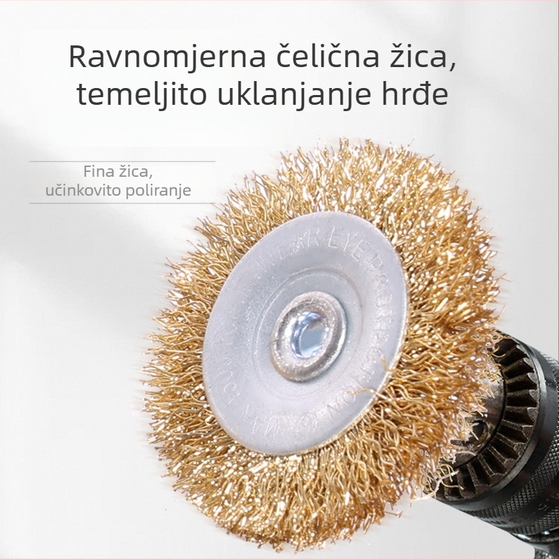 Peroom tip šestougaona četka od čelične žice s čašastom glavom, za bušilice i kutne brusilice, promjer 38 mm, osovina 6 mm, debljina 5 mm.