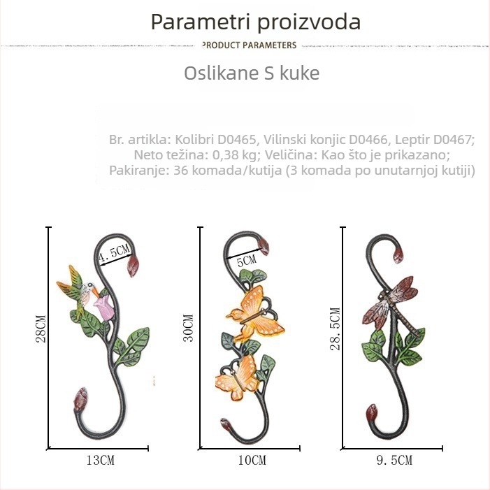 S-oblik kukasti od kovanog željeza s motivom životinje, za viseće košare i posude, vrtna dekoracija