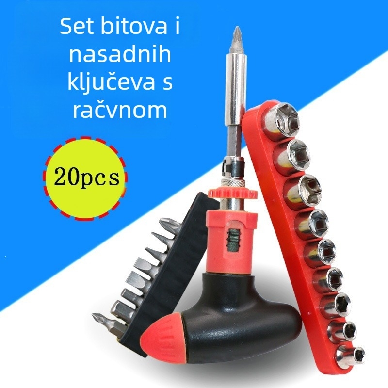 20-dijelni set ručnog ratchetnog odvijača i set vijaka: 10 bitova uz osi; 9 utičnica 5–13 mm