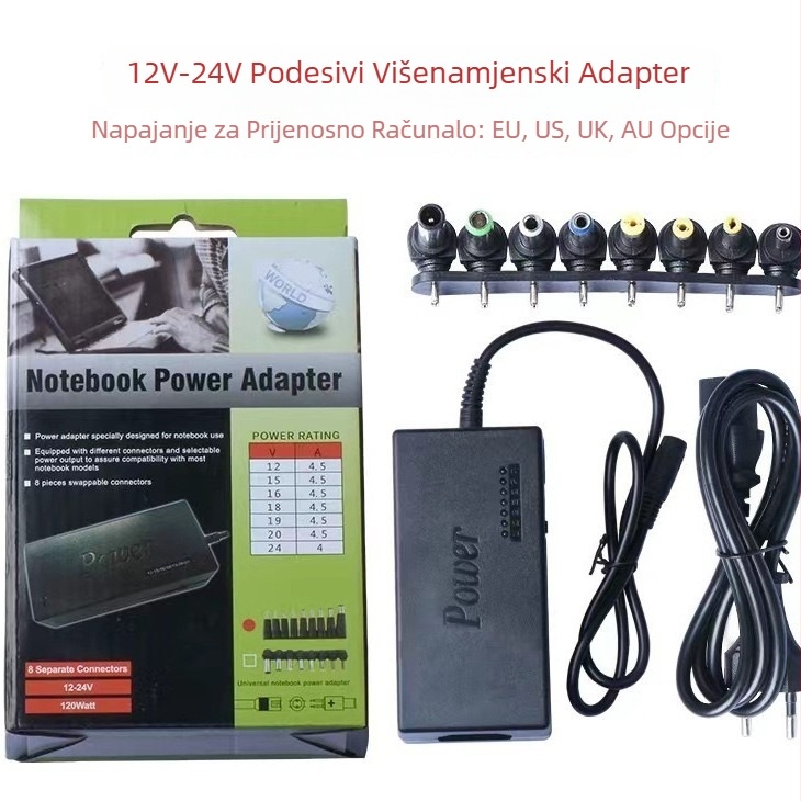 Adapter napajanja s regulacijom napona u 7 razina, 12-24V, 96-120W, za laptop