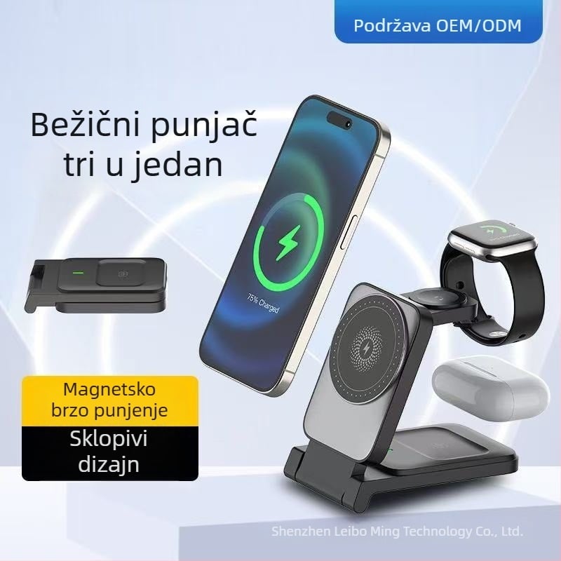 Magnetna sklopiva bežična stanica za punjenje 3-u-1 za telefone, slušalice i satove