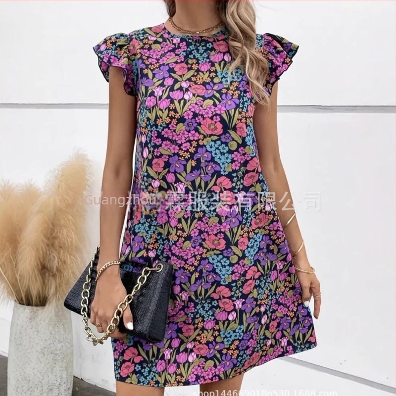 2025 Amazon új európai és amerikai női fodros ujjú, V-nyakú, nyomtatott ruha