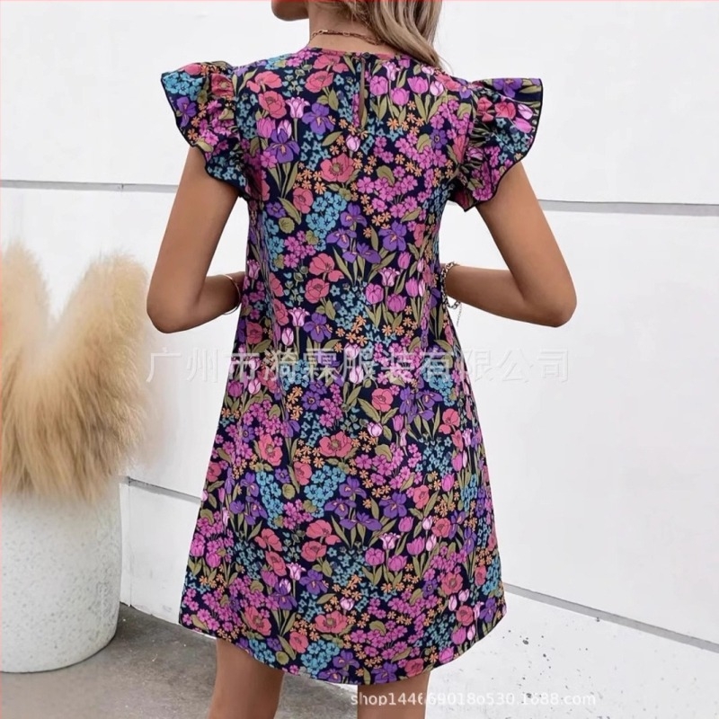 2025 Amazon új európai és amerikai női fodros ujjú, V-nyakú, nyomtatott ruha