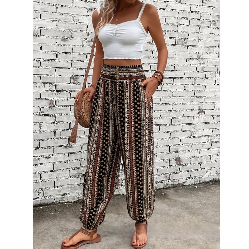 Európai és amerikai stílusú, laza, karcsúsító, magas derekú nadrág, magas derekú, mintás, új stílusú, függő lábszárhosszú, feszes nadrág, lezser nadrág