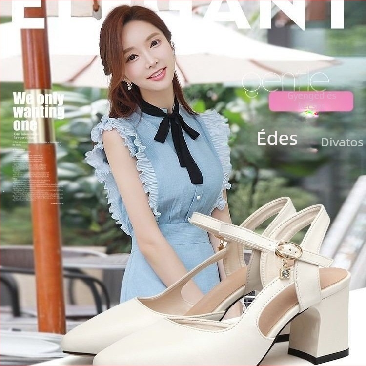 Tavaszi és nyári, négy évszakos, új, vastag sarkú, hegyes orrú, csattal ellátott, üreges, üreges koreai divatos, divatos, egyrétegű cipők női munkába