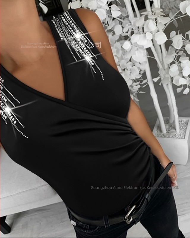 2024-es őszi-téli új, menő, kávé színű, váll nélküli, keresztpántos, gyémánt mintás, V-nyakú felső