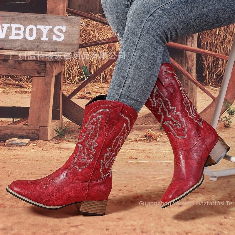 Western női csizma európai és amerikai stílusú retró 2025 négy évszak külkereskedelmi új, készre gyártott középcsöves, hegyes orrú, határokon átnyúló csizma forrásgyártó