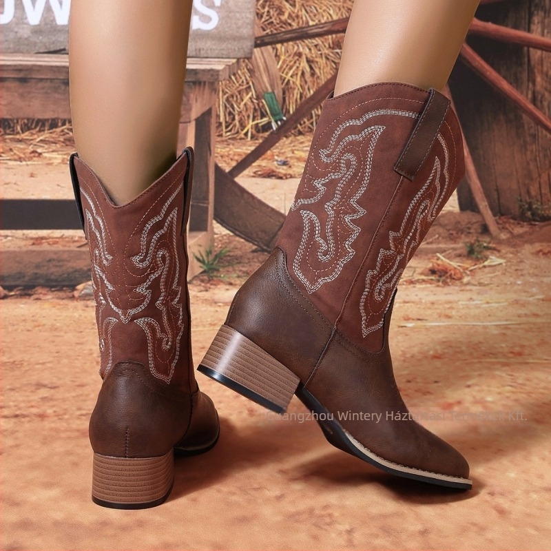 Western női csizma európai és amerikai stílusú retró 2025 négy évszak külkereskedelmi új, készre gyártott középcsöves, hegyes orrú, határokon átnyúló csizma forrásgyártó