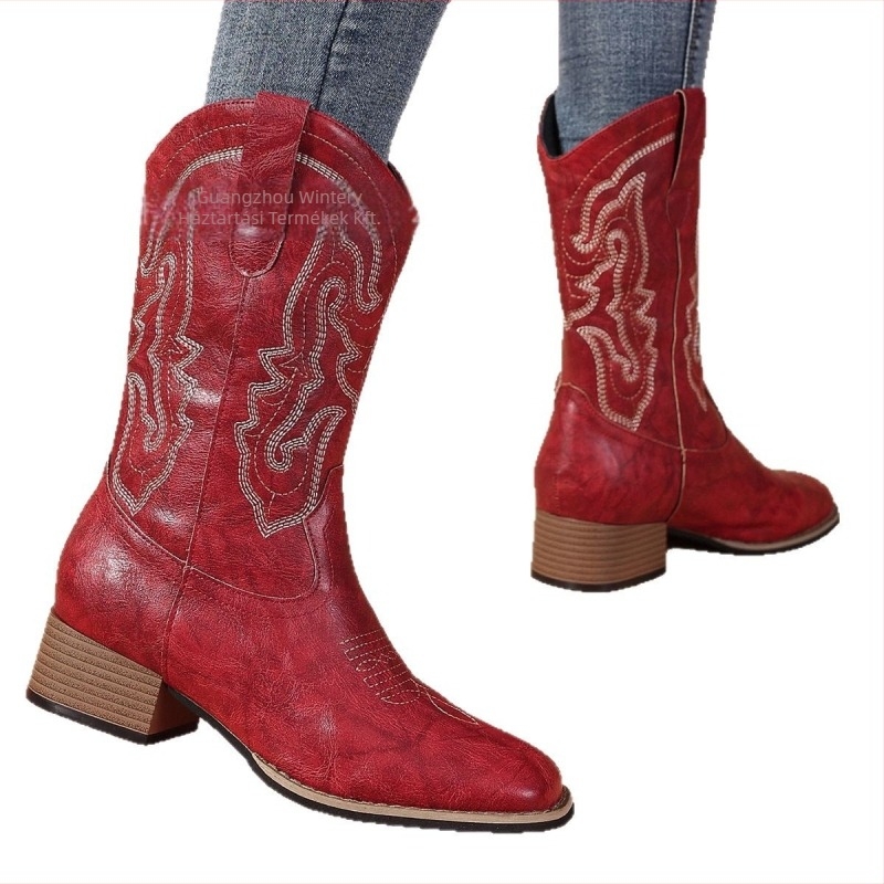 Western női csizma európai és amerikai stílusú retró 2025 négy évszak külkereskedelmi új, készre gyártott középcsöves, hegyes orrú, határokon átnyúló csizma forrásgyártó
